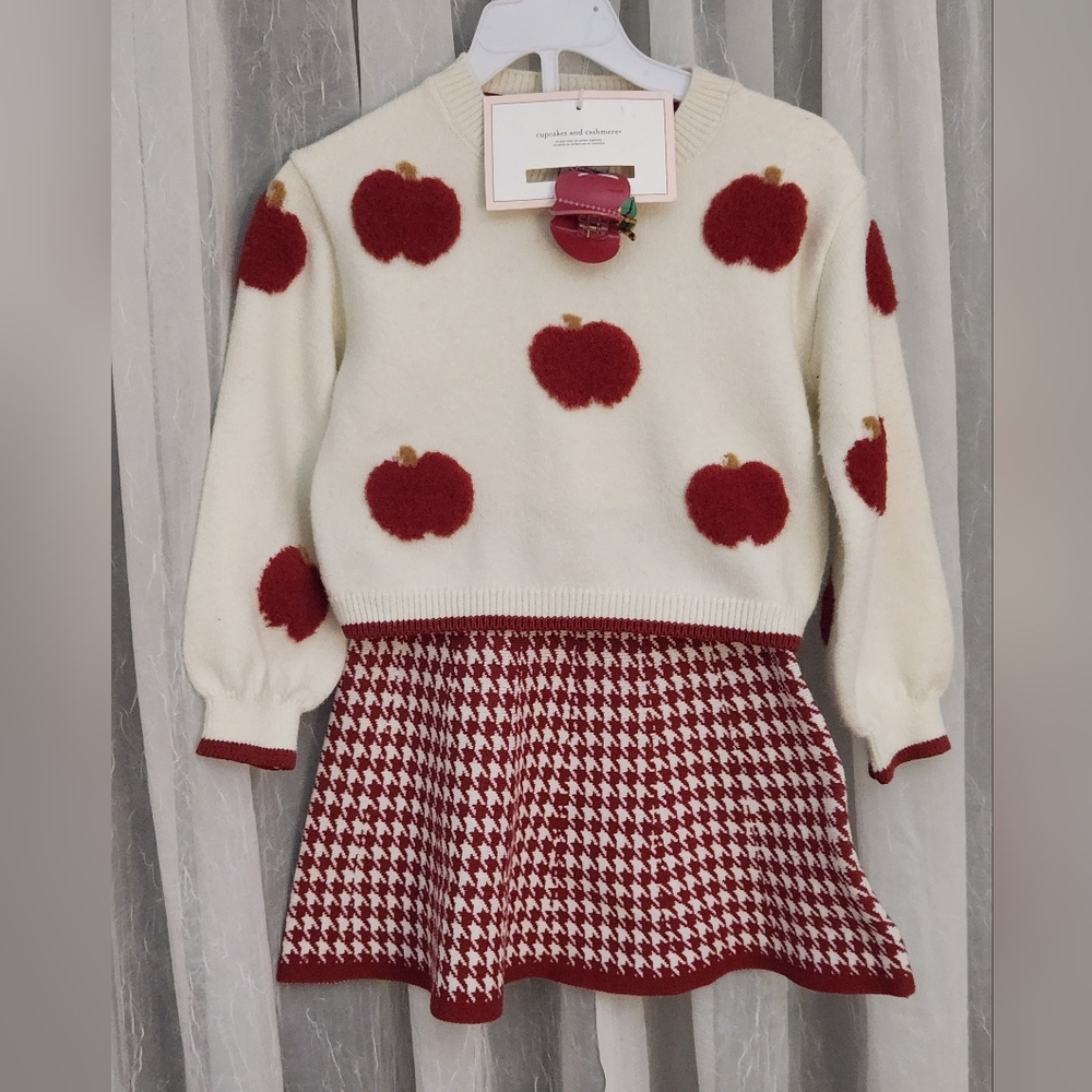 Cupcakes&Cashmere Soft Red Apple Sweater&Houndstooth Skirt Set w/HairClip,S4,NWT - Picture 3 of 5